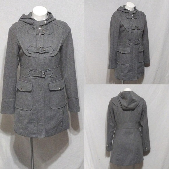 Steve Madden Wool Blend Zipped up Gray Trench Coat With Hoodie Small - Picture 1 of 10